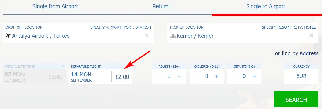 How to specify the departure time of the flight for a transfer to the airport
