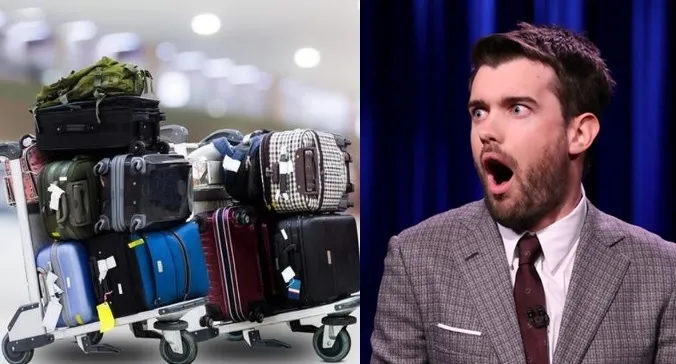 A man surprised exceed luggage at the airport