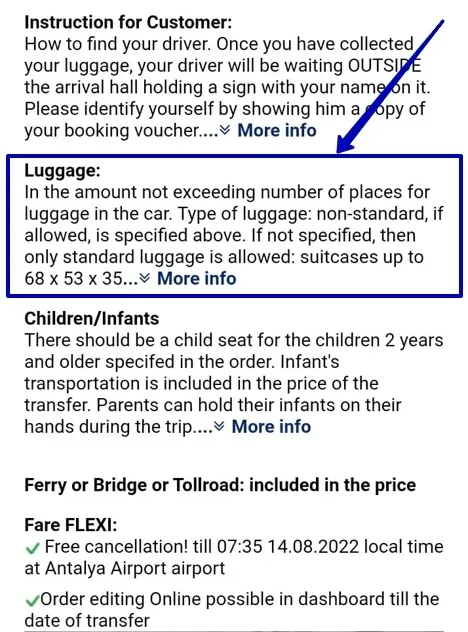Fragment of order - information about the volume of luggage.