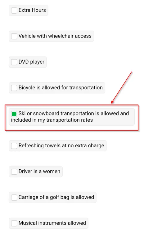 Settings - Ski or snowboard transportation is allowed 