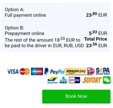 Fragment of the transfer order form with payment options.